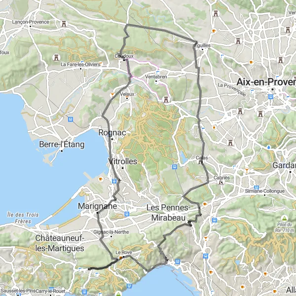 Map miniature of "Challenging Hill Climbs in Ensuès-la-Redonne" cycling inspiration in Provence-Alpes-Côte d’Azur, France. Generated by Tarmacs.app cycling route planner