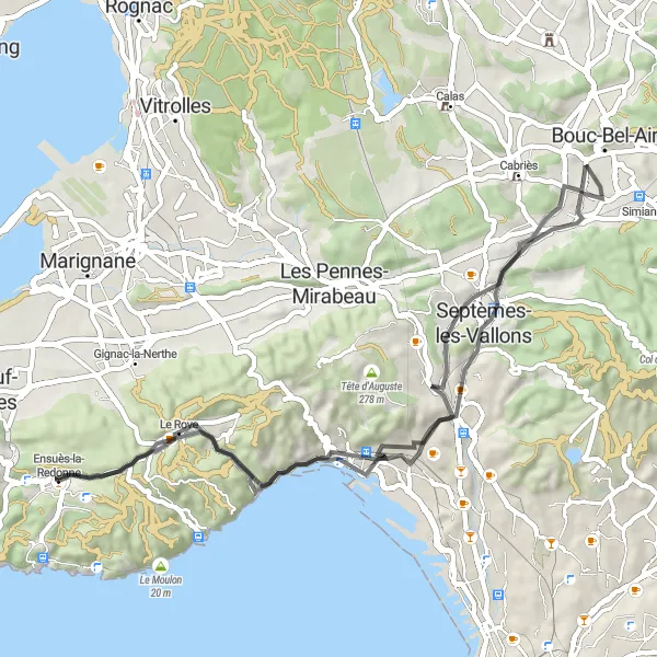 Map miniature of "Scenic Ride to Ensuès-la-Redonne" cycling inspiration in Provence-Alpes-Côte d’Azur, France. Generated by Tarmacs.app cycling route planner