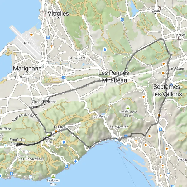 Miniaturní mapa "Okruh kolem Ensuès-la-Redonne - Road" inspirace pro cyklisty v oblasti Provence-Alpes-Côte d’Azur, France. Vytvořeno pomocí plánovače tras Tarmacs.app