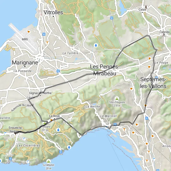 Miniatuurkaart van de fietsinspiratie "Tocht door Gignac-la-Nerthe en Ensuès-la-Redonne" in Provence-Alpes-Côte d’Azur, France. Gemaakt door de Tarmacs.app fietsrouteplanner