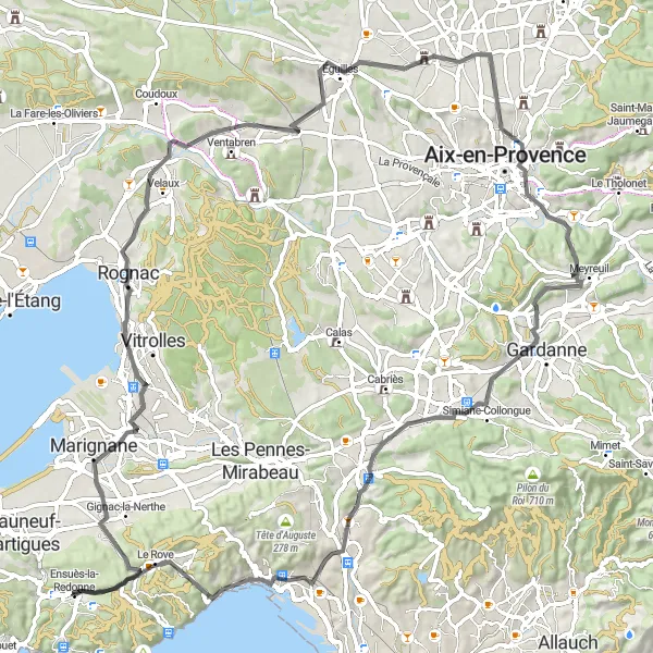 Map miniature of "Mountainous Challenge to Ensuès-la-Redonne" cycling inspiration in Provence-Alpes-Côte d’Azur, France. Generated by Tarmacs.app cycling route planner