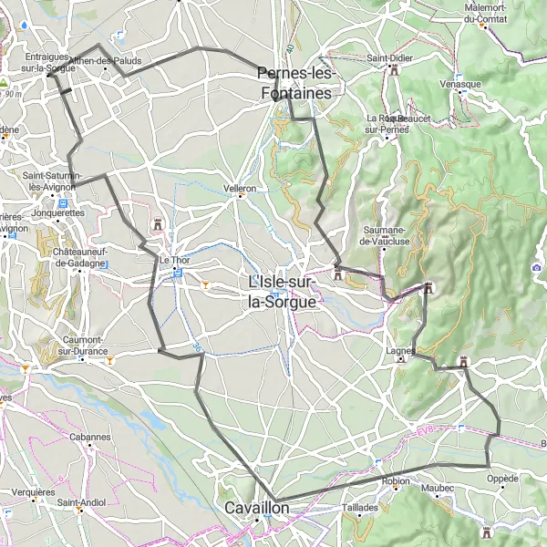 Mapa miniatúra "Scenic Road Cycling Tour to Pernes-les-Fontaines and Fontaine-de-Vaucluse" cyklistická inšpirácia v Provence-Alpes-Côte d’Azur, France. Vygenerované cyklistickým plánovačom trás Tarmacs.app