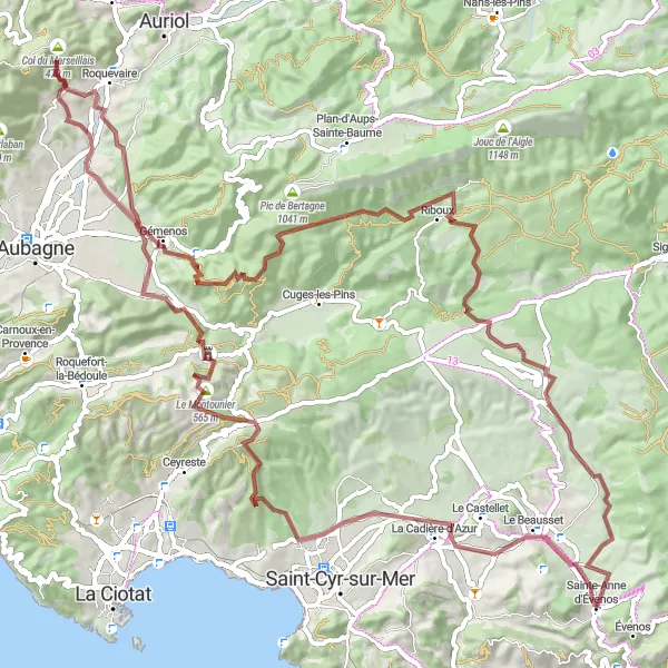 Miniatua del mapa de inspiración ciclista "Ruta de Gravel a Sainte-Anne d'Évenos" en Provence-Alpes-Côte d’Azur, France. Generado por Tarmacs.app planificador de rutas ciclistas