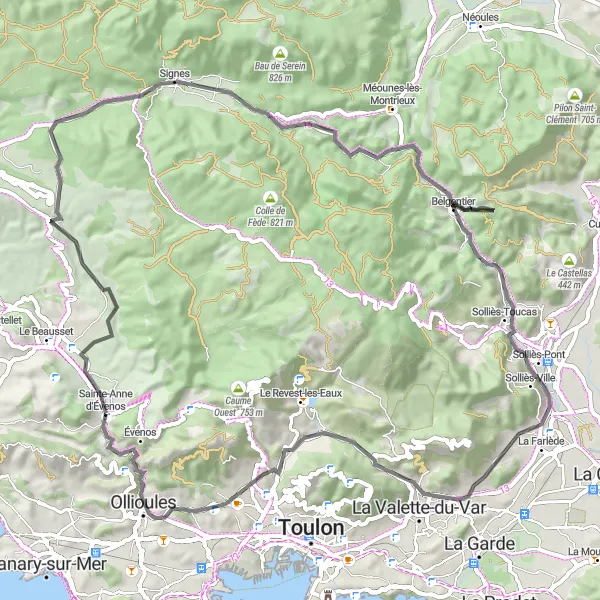 Kartminiatyr av "Kysteventyr: Sainte-Anne d'Évenos til Ollioules" sykkelinspirasjon i Provence-Alpes-Côte d’Azur, France. Generert av Tarmacs.app sykkelrutoplanlegger