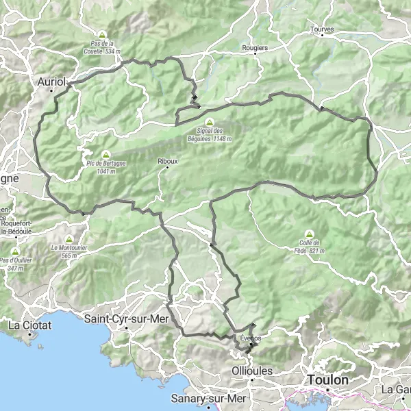 Miniatua del mapa de inspiración ciclista "Ruta de ciclismo por carretera con 2542m de ascenso en 133km" en Provence-Alpes-Côte d’Azur, France. Generado por Tarmacs.app planificador de rutas ciclistas