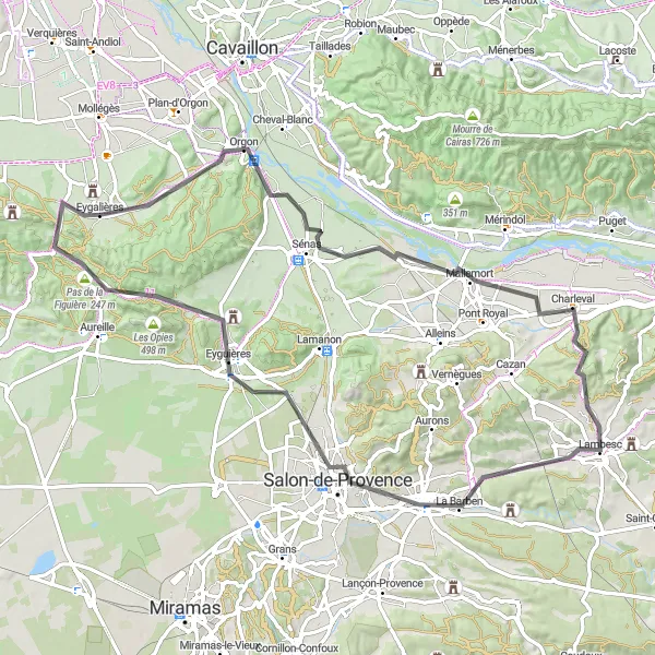Mapa miniatúra "Okruh cez Salon de Provence" cyklistická inšpirácia v Provence-Alpes-Côte d’Azur, France. Vygenerované cyklistickým plánovačom trás Tarmacs.app