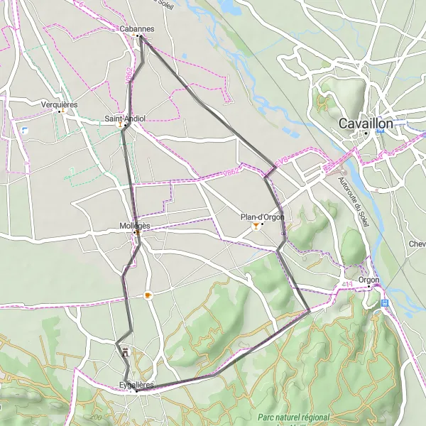 Mapa miniatúra "Jazda cez Plan-d'Orgon" cyklistická inšpirácia v Provence-Alpes-Côte d’Azur, France. Vygenerované cyklistickým plánovačom trás Tarmacs.app