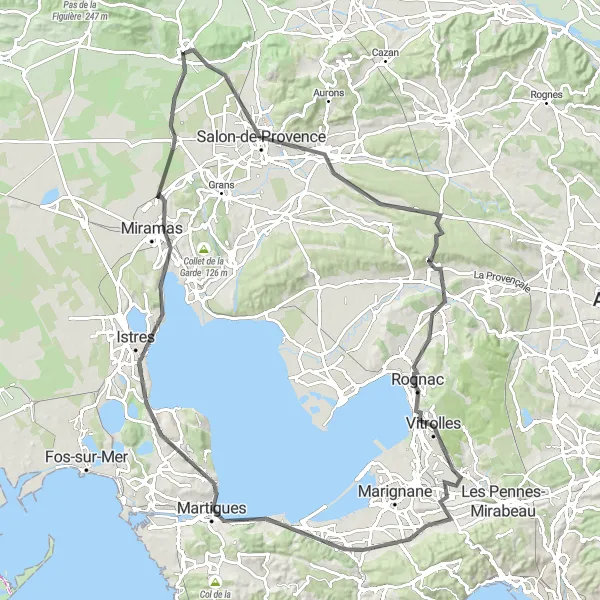 Map miniature of "Discover Martigues on this 109-kilometer road cycling tour from Eyguières" cycling inspiration in Provence-Alpes-Côte d’Azur, France. Generated by Tarmacs.app cycling route planner