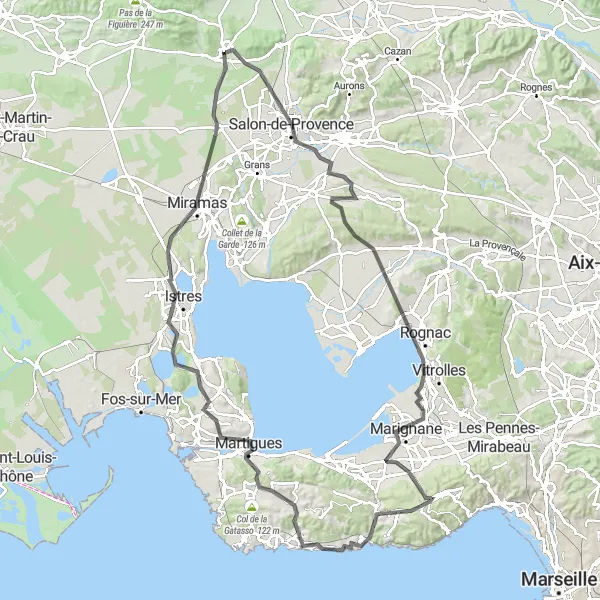 Karten-Miniaturansicht der Radinspiration "Rundfahrt Eyguières - Carry-le-Rouet" in Provence-Alpes-Côte d’Azur, France. Erstellt vom Tarmacs.app-Routenplaner für Radtouren