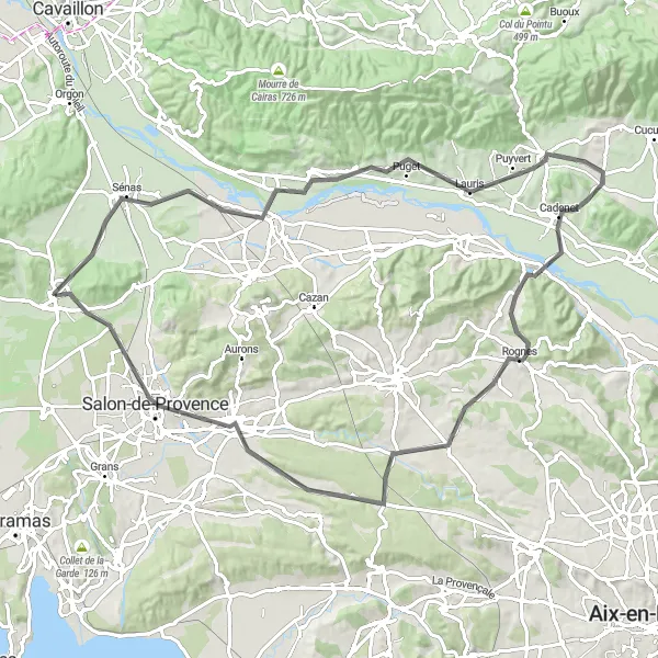 Zemljevid v pomanjšavi "Kolesarska pot okoli Eyguières" kolesarske inspiracije v Provence-Alpes-Côte d’Azur, France. Generirano z načrtovalcem kolesarskih poti Tarmacs.app