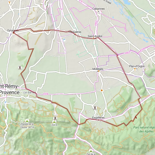 Miniaturní mapa "Gravelová výzva kolem Eyragues" inspirace pro cyklisty v oblasti Provence-Alpes-Côte d’Azur, France. Vytvořeno pomocí plánovače tras Tarmacs.app