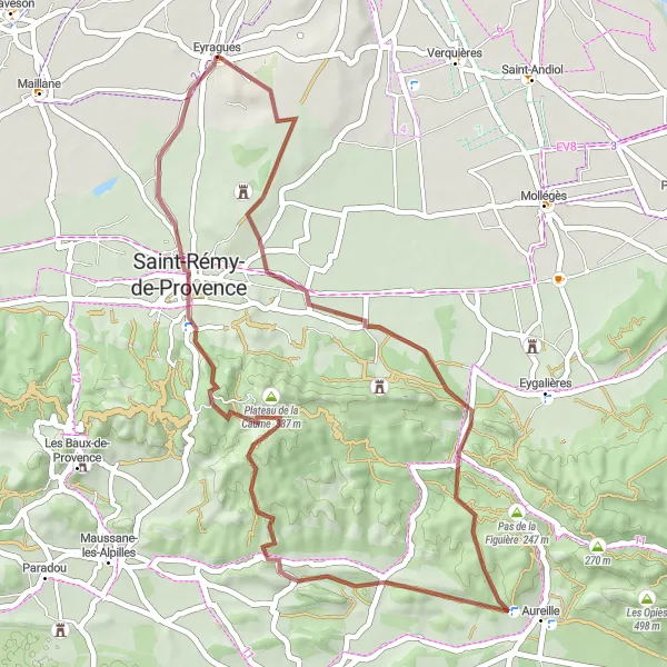 Kartminiatyr av "Grusvei fra Eyragues til Saint-Rémy-de-Provence" sykkelinspirasjon i Provence-Alpes-Côte d’Azur, France. Generert av Tarmacs.app sykkelrutoplanlegger