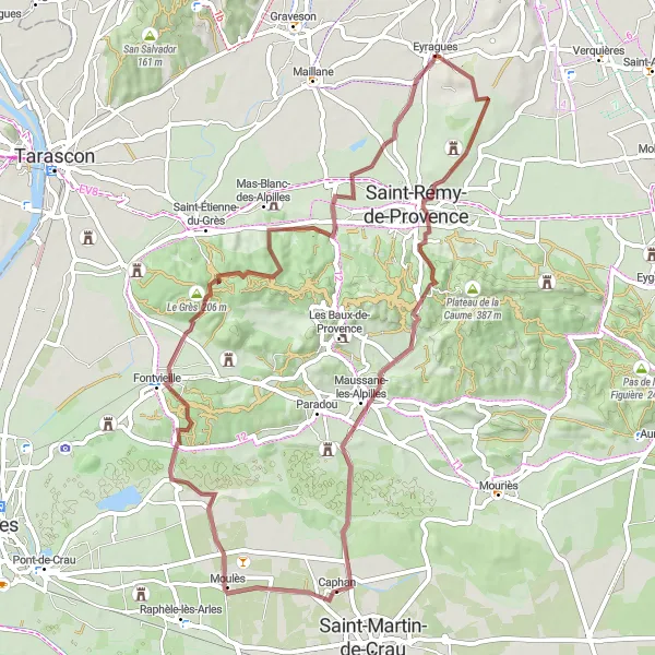 Mapa miniatúra "Zastrčené miesta kolem Eyragues" cyklistická inšpirácia v Provence-Alpes-Côte d’Azur, France. Vygenerované cyklistickým plánovačom trás Tarmacs.app