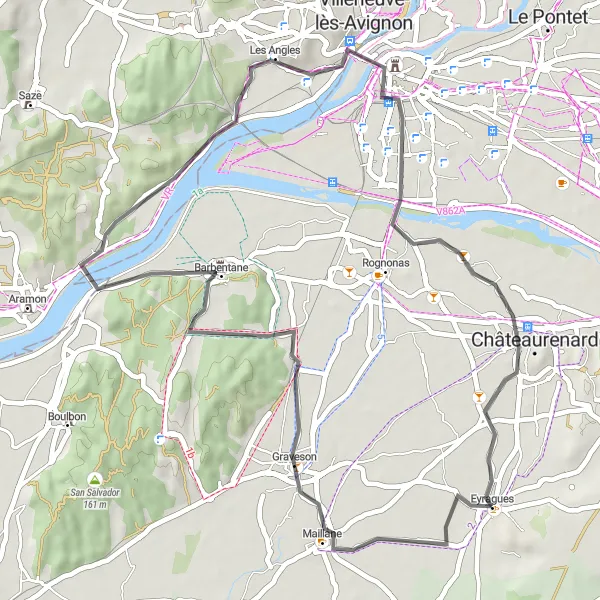 Map miniature of "Exploring Graveson" cycling inspiration in Provence-Alpes-Côte d’Azur, France. Generated by Tarmacs.app cycling route planner