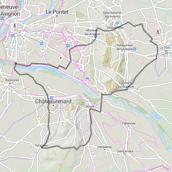 Map miniature of "Eyragues Loop via Quartier Sud Rocade, Morières-lès-Avignon, Caumont-sur-Durance, and Noves" cycling inspiration in Provence-Alpes-Côte d’Azur, France. Generated by Tarmacs.app cycling route planner
