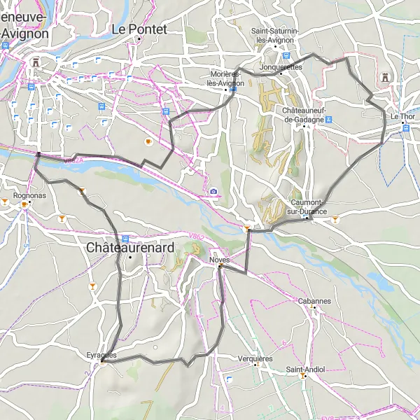 Karttaminiaatyyri "Eyragues - Morières-lès-Avignon" pyöräilyinspiraatiosta alueella Provence-Alpes-Côte d’Azur, France. Luotu Tarmacs.app pyöräilyreittisuunnittelijalla