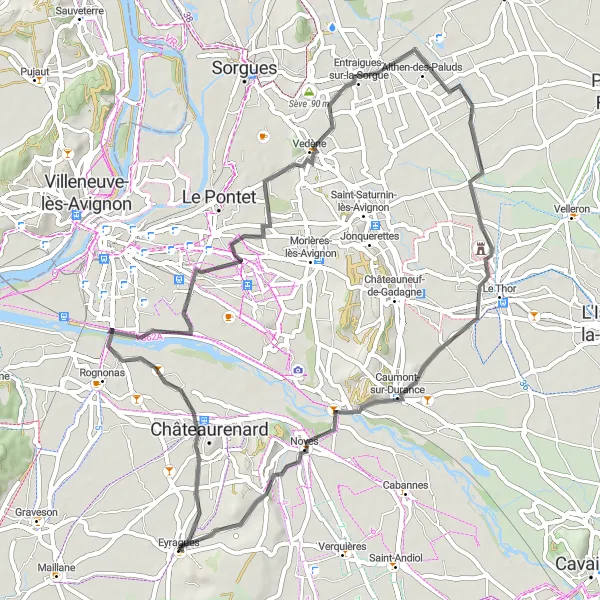 Kartminiatyr av "Kulturelle perler på landeveien rundt Eyragues" sykkelinspirasjon i Provence-Alpes-Côte d’Azur, France. Generert av Tarmacs.app sykkelrutoplanlegger