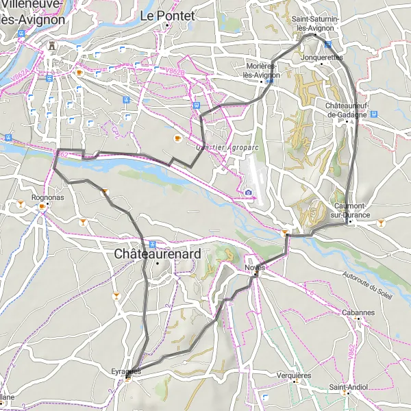 Map miniature of "Eyragues Loop via Châteaurenard, Morières-lès-Avignon, and Caumont-sur-Durance" cycling inspiration in Provence-Alpes-Côte d’Azur, France. Generated by Tarmacs.app cycling route planner
