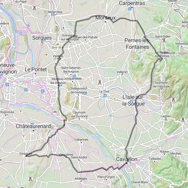 Kartminiatyr av "Utflykt till Morières-lès-Avignon och Cavaillon" cykelinspiration i Provence-Alpes-Côte d’Azur, France. Genererad av Tarmacs.app cykelruttplanerare