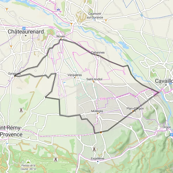 Map miniature of "The Eyragues Loop" cycling inspiration in Provence-Alpes-Côte d’Azur, France. Generated by Tarmacs.app cycling route planner