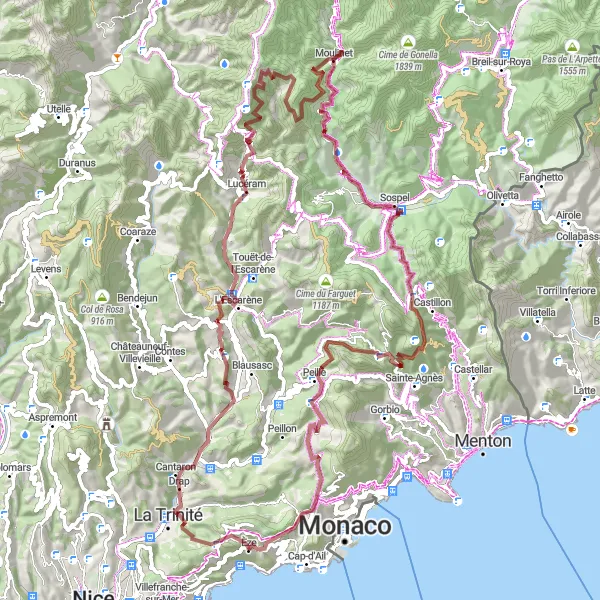 Miniatura mapy "Trasa gravelowa przez Col d'Èze i Cime de Peïra Cava" - trasy rowerowej w Provence-Alpes-Côte d’Azur, France. Wygenerowane przez planer tras rowerowych Tarmacs.app