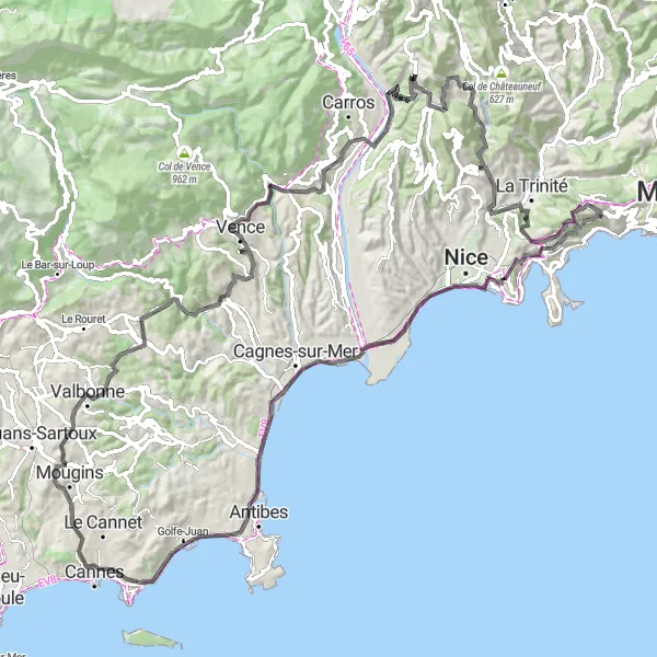 Miniature de la carte de l'inspiration cycliste "Circuit des Alpes-Maritimes" dans la Provence-Alpes-Côte d’Azur, France. Générée par le planificateur d'itinéraire cycliste Tarmacs.app