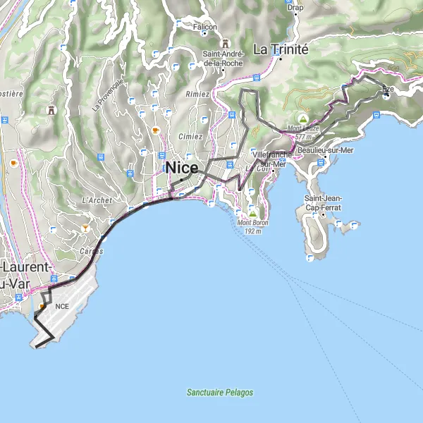 Kartminiatyr av "Oppdag Rivieraens perler på landeveien" sykkelinspirasjon i Provence-Alpes-Côte d’Azur, France. Generert av Tarmacs.app sykkelrutoplanlegger