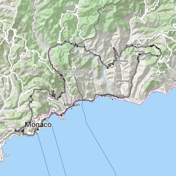 Mapa miniatúra "Cyklistická trasa cez náročné kopce okolo Èze" cyklistická inšpirácia v Provence-Alpes-Côte d’Azur, France. Vygenerované cyklistickým plánovačom trás Tarmacs.app