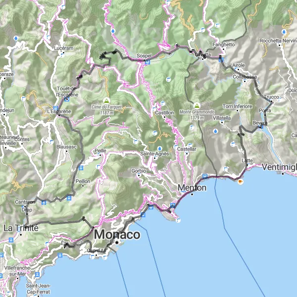 Miniatua del mapa de inspiración ciclista "Desafío de las cimas en Provence-Alpes-Côte d’Azur" en Provence-Alpes-Côte d’Azur, France. Generado por Tarmacs.app planificador de rutas ciclistas