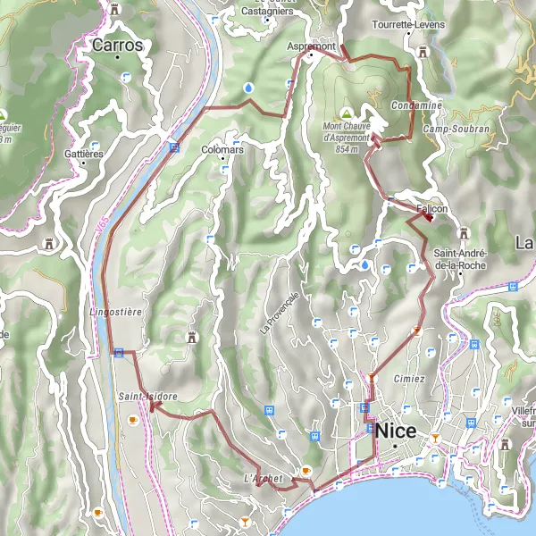 Karttaminiaatyyri "Gravelreitti Faliconin ympäristössä" pyöräilyinspiraatiosta alueella Provence-Alpes-Côte d’Azur, France. Luotu Tarmacs.app pyöräilyreittisuunnittelijalla