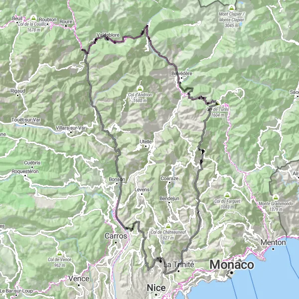 Map miniature of "Falicon to Lucéram via Col de Turini" cycling inspiration in Provence-Alpes-Côte d’Azur, France. Generated by Tarmacs.app cycling route planner