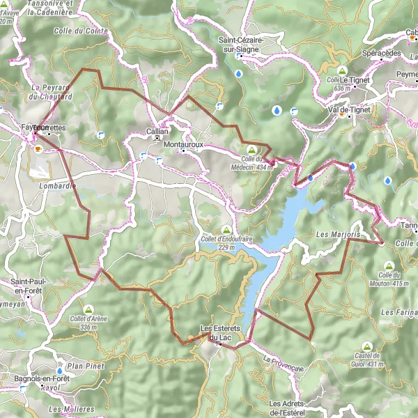 Mapa miniatúra "Okruh cez Les Esterets du Lac" cyklistická inšpirácia v Provence-Alpes-Côte d’Azur, France. Vygenerované cyklistickým plánovačom trás Tarmacs.app