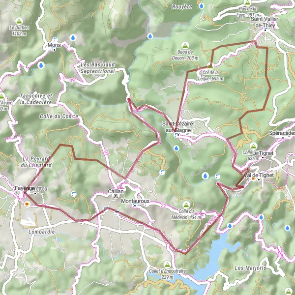 Mapa miniatúra "Gravelová cyklotrasa okolo Fayence" cyklistická inšpirácia v Provence-Alpes-Côte d’Azur, France. Vygenerované cyklistickým plánovačom trás Tarmacs.app