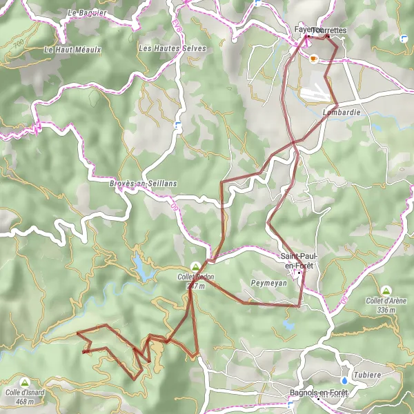Miniatuurkaart van de fietsinspiratie "Tourrettes naar Saint-Paul-en-Forêt Grindpad Tocht" in Provence-Alpes-Côte d’Azur, France. Gemaakt door de Tarmacs.app fietsrouteplanner
