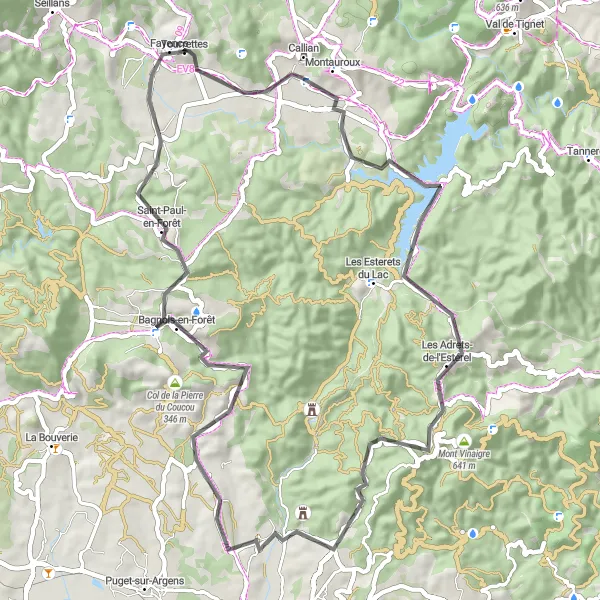 Mapa miniatúra "Road Montauroux - Fayence" cyklistická inšpirácia v Provence-Alpes-Côte d’Azur, France. Vygenerované cyklistickým plánovačom trás Tarmacs.app