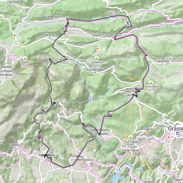 Mapa miniatúra "Road Peygros - Fayence" cyklistická inšpirácia v Provence-Alpes-Côte d’Azur, France. Vygenerované cyklistickým plánovačom trás Tarmacs.app