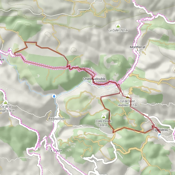 Zemljevid v pomanjšavi "Razgiban gravel krog iz Figanières" kolesarske inspiracije v Provence-Alpes-Côte d’Azur, France. Generirano z načrtovalcem kolesarskih poti Tarmacs.app