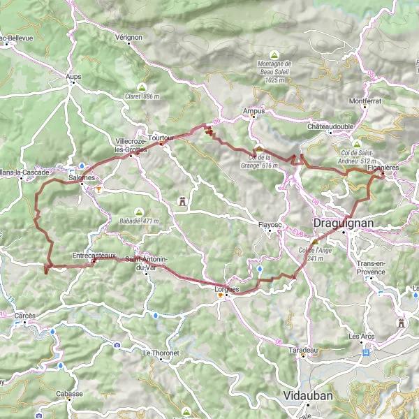 Miniatua del mapa de inspiración ciclista "Ruta de grava con 1895m de ascenso en 79km desde Figanières" en Provence-Alpes-Côte d’Azur, France. Generado por Tarmacs.app planificador de rutas ciclistas