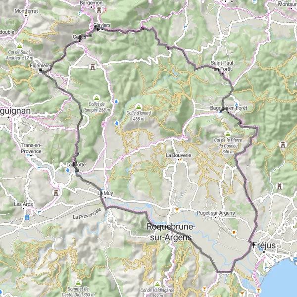 Miniatua del mapa de inspiración ciclista "Ruta de carretera con 1078m de ascenso en 83km desde Figanières" en Provence-Alpes-Côte d’Azur, France. Generado por Tarmacs.app planificador de rutas ciclistas
