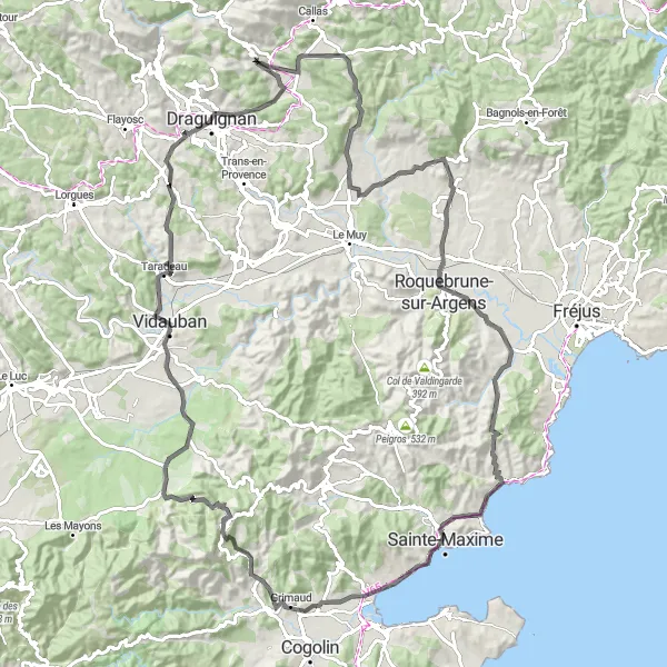 Kartminiatyr av "Rundtur till Vidauban ochbåde bortom" cykelinspiration i Provence-Alpes-Côte d’Azur, France. Genererad av Tarmacs.app cykelruttplanerare