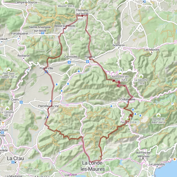 Mapa miniatúra "Var Coast Gravel Adventure" cyklistická inšpirácia v Provence-Alpes-Côte d’Azur, France. Vygenerované cyklistickým plánovačom trás Tarmacs.app