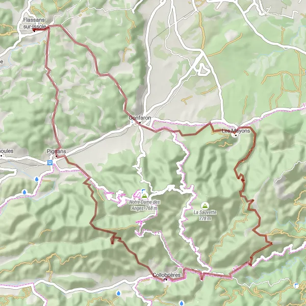 Miniature de la carte de l'inspiration cycliste "Parcours paysager de Flassans-sur-Issole" dans la Provence-Alpes-Côte d’Azur, France. Générée par le planificateur d'itinéraire cycliste Tarmacs.app
