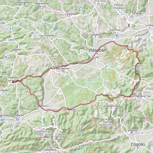 Miniatua del mapa de inspiración ciclista "Aventura Gravel en Vidauban" en Provence-Alpes-Côte d’Azur, France. Generado por Tarmacs.app planificador de rutas ciclistas