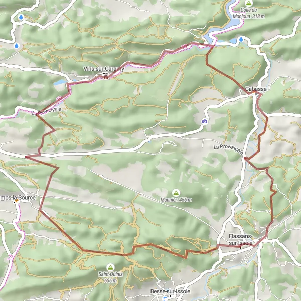 Zemljevid v pomanjšavi "Gravel Route to Château des Pontevès" kolesarske inspiracije v Provence-Alpes-Côte d’Azur, France. Generirano z načrtovalcem kolesarskih poti Tarmacs.app