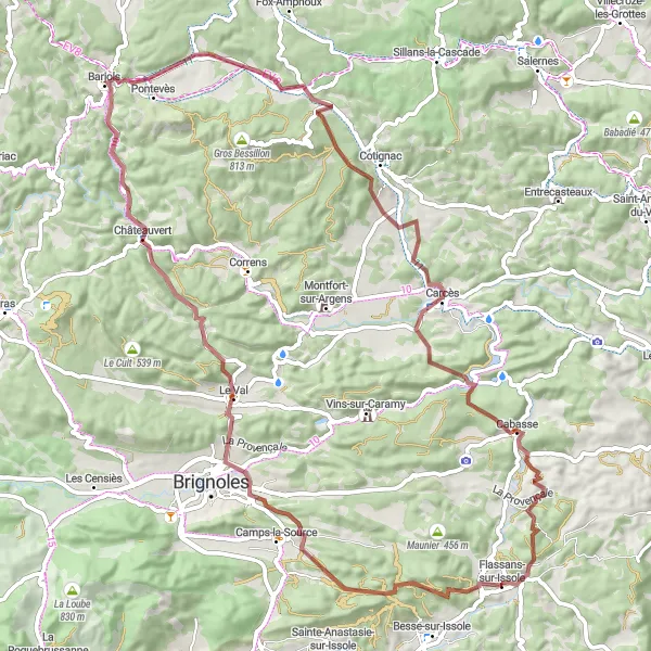 Map miniature of "Exploring Var Valley" cycling inspiration in Provence-Alpes-Côte d’Azur, France. Generated by Tarmacs.app cycling route planner
