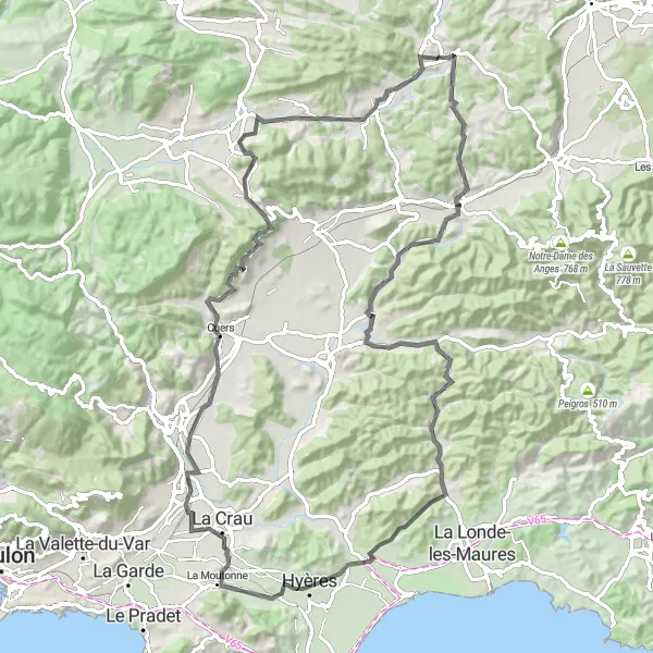 Zemljevid v pomanjšavi "Road Route to Besse-sur-Issole" kolesarske inspiracije v Provence-Alpes-Côte d’Azur, France. Generirano z načrtovalcem kolesarskih poti Tarmacs.app