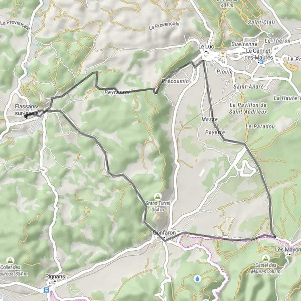 Kartminiatyr av "Kort och intensiv cyklingstur" cykelinspiration i Provence-Alpes-Côte d’Azur, France. Genererad av Tarmacs.app cykelruttplanerare