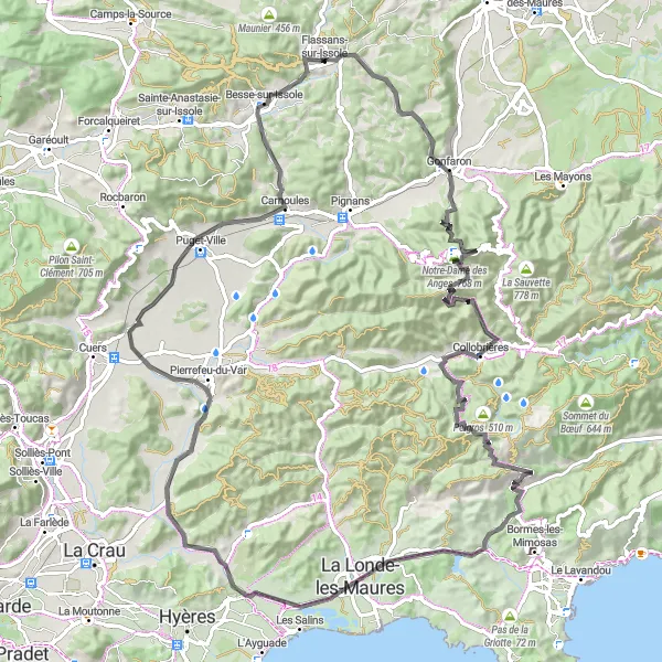 Karttaminiaatyyri "Haastava maantieretki Flassans-sur-Issolesta" pyöräilyinspiraatiosta alueella Provence-Alpes-Côte d’Azur, France. Luotu Tarmacs.app pyöräilyreittisuunnittelijalla