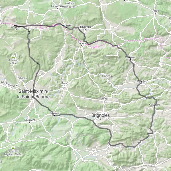 Map miniature of "Provence Vineyard Loop" cycling inspiration in Provence-Alpes-Côte d’Azur, France. Generated by Tarmacs.app cycling route planner