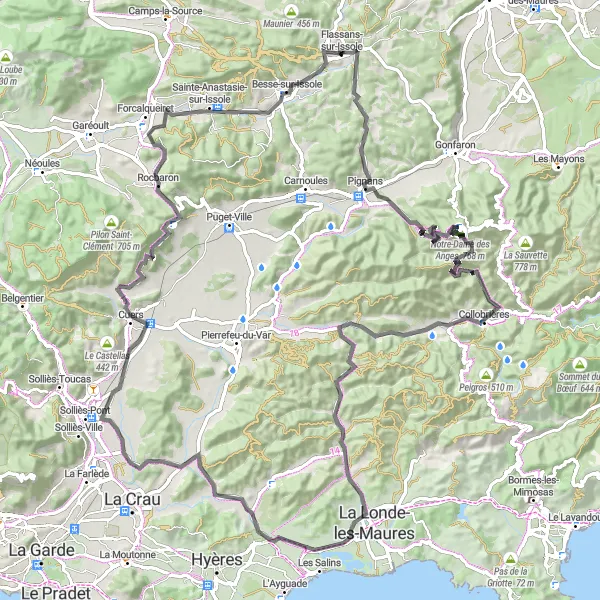 Miniature de la carte de l'inspiration cycliste "Escapade jusqu'à Rocbaron" dans la Provence-Alpes-Côte d’Azur, France. Générée par le planificateur d'itinéraire cycliste Tarmacs.app